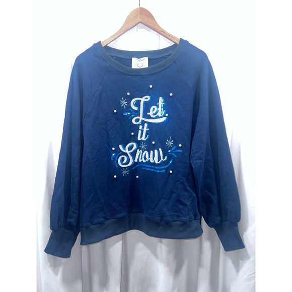 Fantastic Fawn Tops - Fantastic Fawn Let It Snow Sequin Pearl Navy Blue Holiday Sweatshirt S Grandma